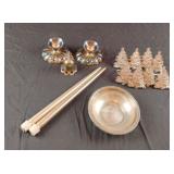 Silver plated candle stick holders, bell and