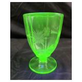 vintage green Uranium glass tumbler with a floral