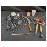 Vintage aluminum cup, assorted kitchen tools