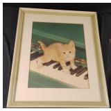 Framed kitton on piano artwork 16 1/2 x 20