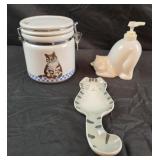 Cat decor canister, soap dispenser and spoon rest