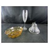 orange glass bowl, leaf lid topper, "groom"