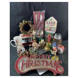 Christmas decor including vintage canisters,