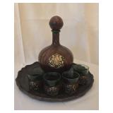 Leather Covered Decanter with 4 Glasses on