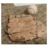 Mizuno ball glove and baseball