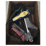 Dog grooming shears and brushes, harness