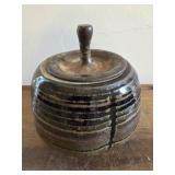 5.75" studio art pottery lidded jar, signed Karen