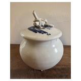 handmade white lidded canister with blue floral