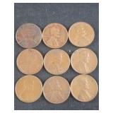 9 Wheatback pennies 1933-1956