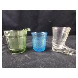 Green Glass Ashtray Bucket, Ice Blue Glass