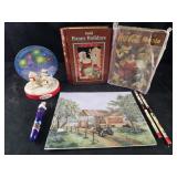 Various Coca-Cola Collectibles- print, tins, pen