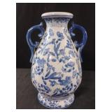 Blue and white ceramic double handled vase