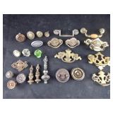 Group of vintage drawer pulls and knobs, brass,