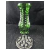 Green Glas Vase and Clear Glass Floral Frog (has