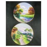 Hand painted Landscape plates with gold trim -
