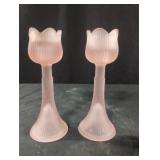 Pink frosted glass tulip candle holders