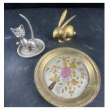 brass cat, bunny, and tray
