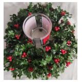 Vintage plastic holly wreath with votive glass