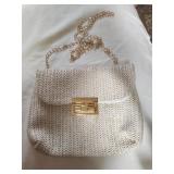 Small white woven purse with chain strap