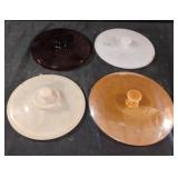 Milk glass, amber glass and peach lustre lids