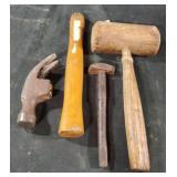 Wood mallet, broken hammer and a small metal