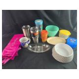 Various Insulated Cups, Tupperware, plates, dog