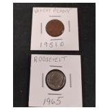 1951D wheat penny and 1965 Roosevelt dime