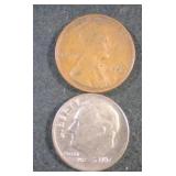 1936 wheat penny and 1967P dime