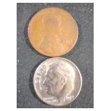 1914 wheat penny and 1974P dime