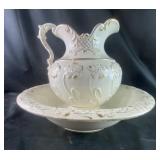 Big white bowl and pitcher with gold accents