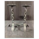 Vintage Brutalist iron chain-link candle holders.