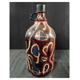 Hand painted brown glass jug with lid