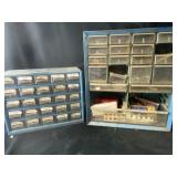 two blue tool boxes with plastic drawers and