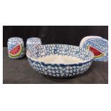 Ceramic sponge ware bowl, napkin holder and salt