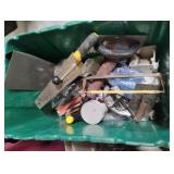 Tote with misc tools including trowels,