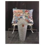Decorative pillow, galvanized metal vase and