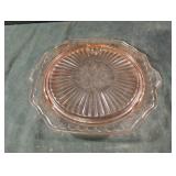 Vintage pink depression glass footed platter. Has