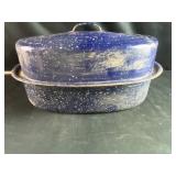 vintage blue speckled enamelware oval roasting