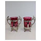 2pc Cranberry Glass Barbour Bros Creamer/Sugar
