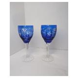 Pair Bohemian Cut Glass Blue Wine Glasses