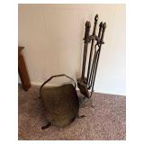 Brass Fireplace Log Holder & Poker Set