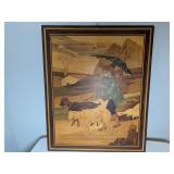 Inlaid Wood Art Man w/ Sheep Picture