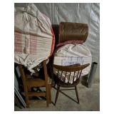 Roll of Insulation, 3 wooden chairs, rope
