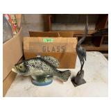 Vintage Ceramic Fish Bottle, Wooden Egret