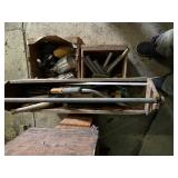 Vintage wooden toolbox, saws, bow saw, limb saw et