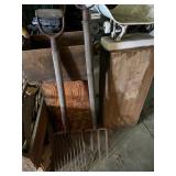 Vintage pitchforks, shovels, shop brooms, etc