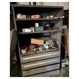 Metal 3 shelf, 4 drawer cabinet & contents