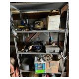 6 foot metal shelf, 12 V air, compressor, etc
