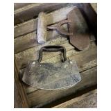 Vintage metal handle food chopper, wooden tray etc