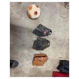 Baseball gloves, Louisville slugger bat, balls etc
